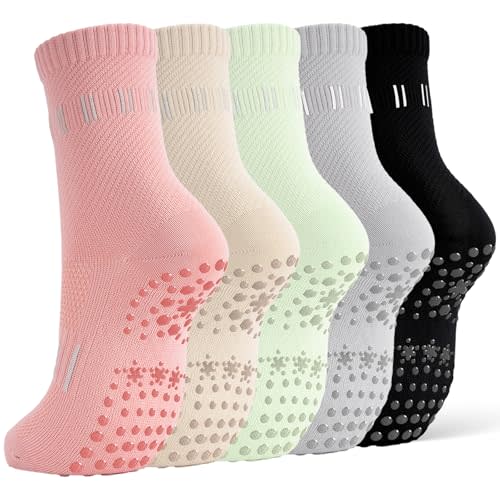 5 Pairs Pilates Socks Yoga Crew Socks with Grips for Women Non Slip | Ballet Sticky Socks With Bottom Grippers for Studio Reformer Workout & Barre, Dance, Home or Hospital