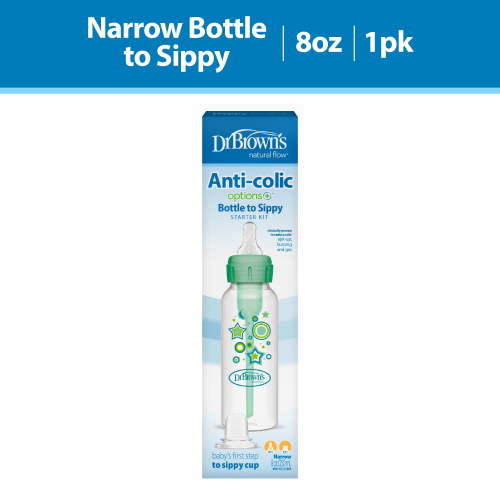 Dr. Brown's Anti-Colic Options+ Narrow Sippy Bottle Starter Kit, 8oz/250ml, Green, BPA Free, 6m+
