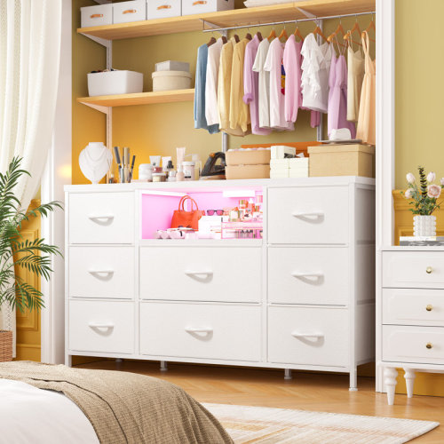 Wrought Studio™ Dresser For Bedroom With Led Lights & Power Outlets, Bedroom Dressers With 8 Drawers, Tv Stand Dresser For Bedroom & Reviews | Wayfair