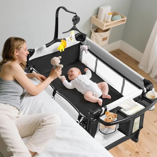 World's First 1-Step Assembly Pack and Play, 5 in 1 Baby Bassinet Bedside Sleeper, Portable Baby Crib with Diaper Changer, Storage Rack& Music Box Toy Bar, Foldable Playard for Toddlers (Grey)