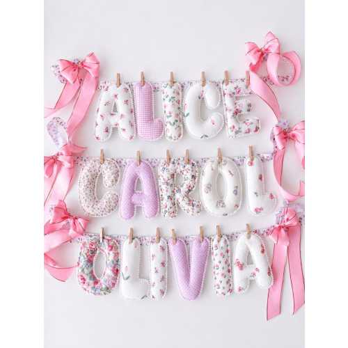 Personalized Name Garland, Pink Floral Coquette Style, Baby Name Banner, Vintage Floral Grandmillennial Nursery Decor, Quilted Fabric Letter