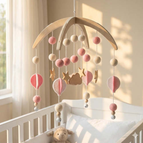 Pink Hot Air Balloon Baby Mobile | Handmade Felt & Wood Crib Mobile — Sweet Nursery Decor