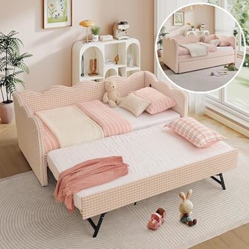 Twin Size Daybed with Pop Up Trundle, Twin to King Gingham Daybed with USB, Upholstery Adorable Wave Shaped Linen Sofa Bed, No Box Spring Needed, Extendable Day Bed for Bedroom, Living Room, Pink