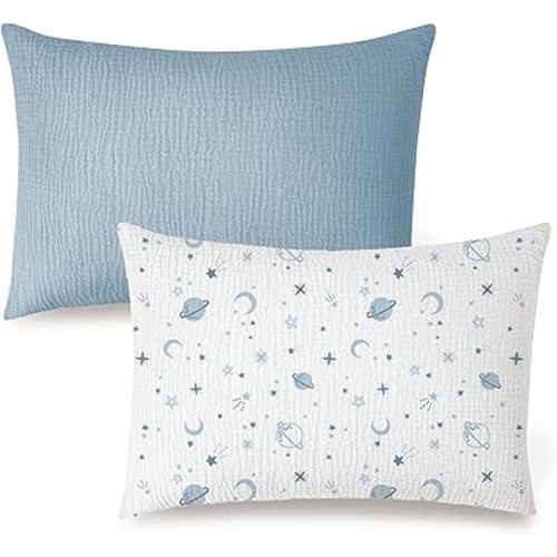 Konssy Muslin Toddler Pillowcase 13"x18", 2 Pack 100% Cotton Toddler Pillow Case for Kids, Boys, Girls, Soft & Snug Fit Baby Pillow Covers with Envelope Closure (Star,Blue)