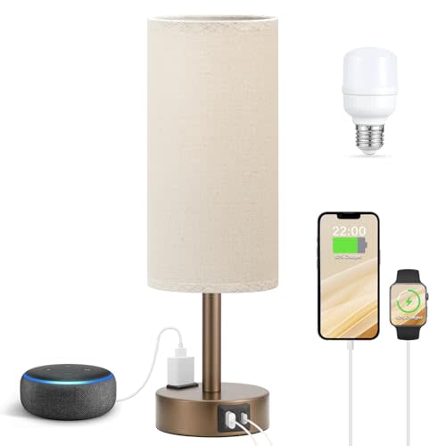Fenmzee Brown Bedside Lamp for Bedroom, Dimmable Touch, USB A+C, AC Outlet | 3-Way Dimmable, LED Bulb Included, USB C+A Charging Ports, Beige Fabric Lampshade, Metal Base, 14in Small Table Lamp