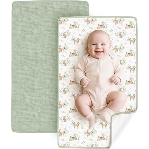 Konssy 2 Pack Waterproof Muslin Cotton Portable Changing Pad 30"x 17", Soft & Foldable Baby Changing Mat Travel Pad with Terry Backing, Shower Gift for Newborn Girls Boys (Woodland,Sage)