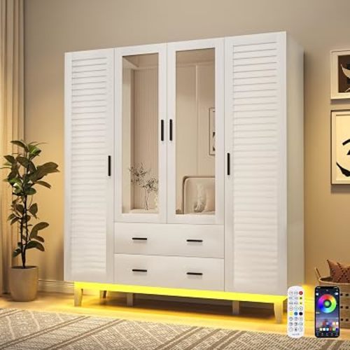4 Door Armoire Wardrobe Closet Cabinet with Drawers and LED Lights, Multi-Tier Shelves, Hanging Rod & 4 Louver Doors, Large Capacity Storage Wardrobe Armoire for Bedroom(4 Doors White)