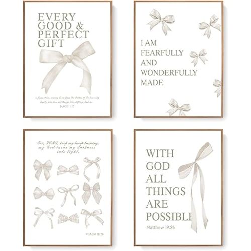 LARTSFRO Coquette Beige Bow Wall Art Decor Posters, Beige Bow Christian Room Bedroom Bathroom Dorm Wall Art Decor Aesthetic for College Teen Girls Gifts, Inspirational Bible Verses Bow Wall Decor, 12x16 Inch Set of 4 Pcs Bow Pictures (UNFRAMED)