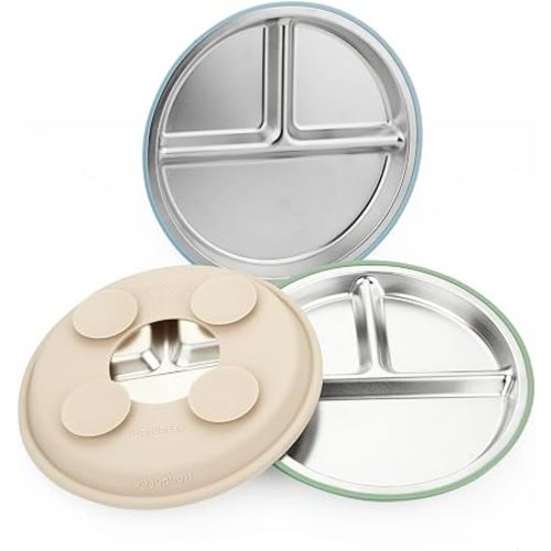 PandaEar 3 Pack Stainless Steel Baby Suction Plates, Divided Toddler Plate for Baby Led Weaning Supplies, Non-Slip Toddler Baby Feeding Set Dishwasher Safe (Blue/Green/Brown)