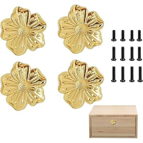 4Pcs Gold Flower Knobs for Dresser Cabinet Drawers Polished Brass Floral Drawer Knob Pulls Decorative Vintage Hardware Handles for Door Cupboard Bathroom Unique Antique Style Knobs