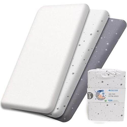 100% Pure Jersey Cotton Cot Bed Sheets 140 x 70 Fitted, 3 Pack, 1 Waterproof Protector Pad - 2 Baby Cot Sheets for toddlers Bedside Cribs, Star Print - (Gray/White)
