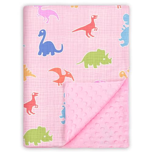 Baby Blankets for Girls, Pink Dinosaur Soft Nursery Minky Blanket with Muslin Cotton Front and Dotted Fleece Backing Lightweight Bed Throw Blanket 30 x 40 Inches