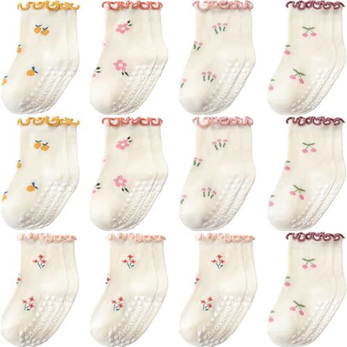 Baby Toddler Girls Socks Grip Ruffle Non Slip Girls Cotton 12 Pack Socks for Kids Cute Ankle 6M-7Years