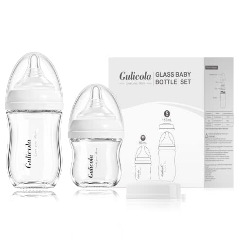 Gulicola Natural Glass Baby Bottle Newborn Set, 3 oz and 5 oz with Extra Slow Flow & Slow Flow Nipple, Anti Colic, 0-3 Months, 2 Pack - White