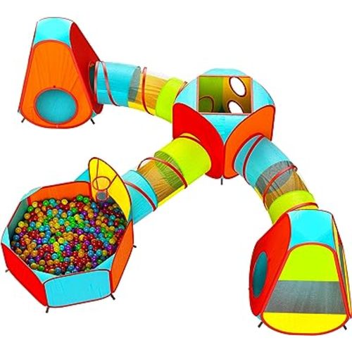 Playz 7pc Kids Play Tent with 1 Big Ball Pit for Babies, 3 Play Tunnel for Toddlers, and 3 Pop Up Tents Playhouse Bundle, Best Birthday Gift for Boys & Girls, Indoor & Outdoor Use Portable Play Center