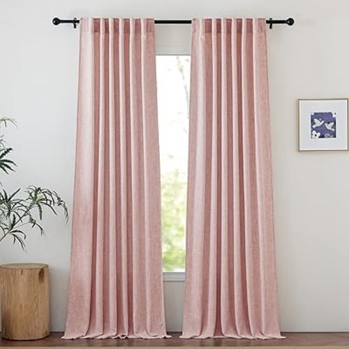 NICETOWN Blush Pink Linen Curtains 84 inches Long for Living Room, Light Filtering Rod Pocket & Back Tab Faux Linen Semi Sheer Window Treatment Privacy Shade for Bedroom/Kitchen Decor, 52" Wide, 2 Pcs
