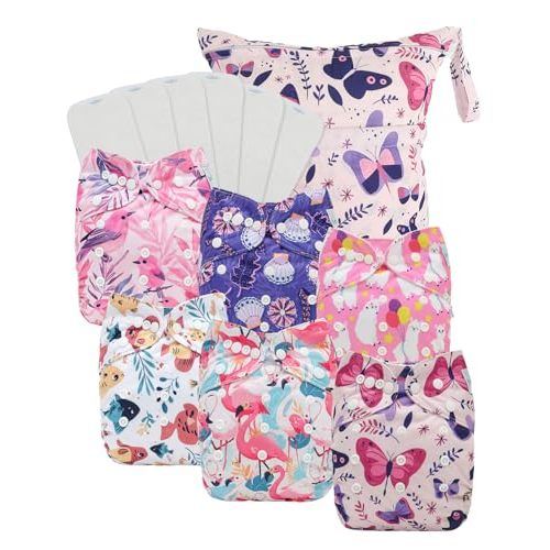 Babygoal Baby Cloth Diaper 6 Pack with 6pcs Inserts and Wet Bag for Fitted Diapers and Prefolds, Adjustable and Reusable Covers for Toddler Boys and Girls