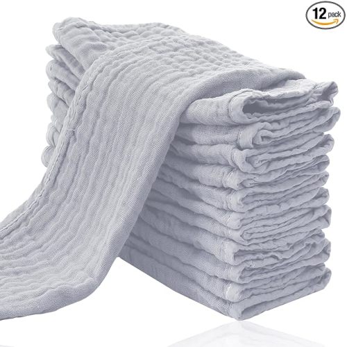 Cute Castle 12 Pack Muslin Burp Cloths for Baby - Ultra-Soft 100% Cotton Baby Washcloths - Large 20'' by 10'' Super Absorbent Milk Spit Up Rags - Burpy Cloths for Unisex, Boy, Girl - Slate