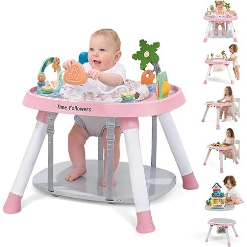 Time Followers® 6-in-1 Baby Activity Center | 4 Stage Montessori-Inspired Toys | Grow Stationary Standing Toddler Table | Jumpers & Bouncers | Must Have for Boy & Girl 6, 12, 24+ Month Old (Pink)