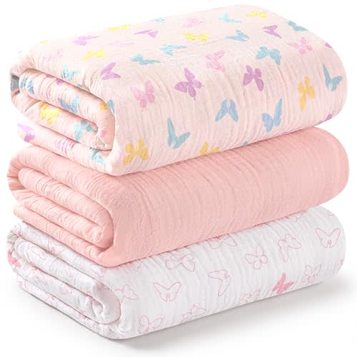 3-Pack Muslin Swaddle Blankets for Newborns Boy,Girl – 47x47 Large Cotton Muslin Baby Blanket, Nursery Swaddling, Neutral, Soft, Breathable, Light Infant Baby Receiving Cover (Flutter, Regular)