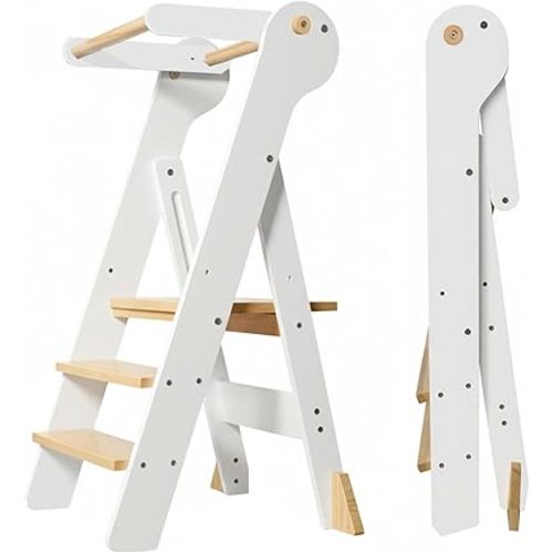 Foldable Toddler Tower, Kids Kitchen Step Stool, Height Adjustable Montessori Toddler Standing Tower with Safety Rail & Anti-Slip Design, Wooden Helper Stool for Ages 1–6 (White)