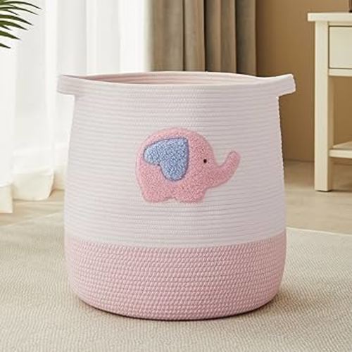 65L Pink Elephant Laundry Basket Hamper for Kids Girls Blanket Basket Blush Pink Baby Nursery Hamper for Girls Room Bedroom Large