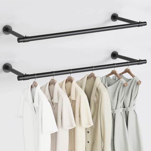 2 Pack Clothes Rack for Hanging Clothes, Heavy Duty Round Metal Clothing Rack, 32'' Modern Style Garment Bar Closet Rod, Saving Wall Mounted Clothes Hanger for Laundry Room, Closet, Matte Black