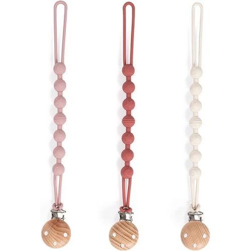 Pacifier Clip, 3 Pack Silicone Pacifier Clips with Wooden Design Pacifier Holder Clip, Soother Clips for Baby Boy & Girl (White+Light Purple+Bean Paste)