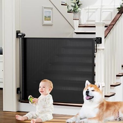 Retractable Baby Gates for Stairs No Drill | Extends to 54" Wide 34" Tall | Black