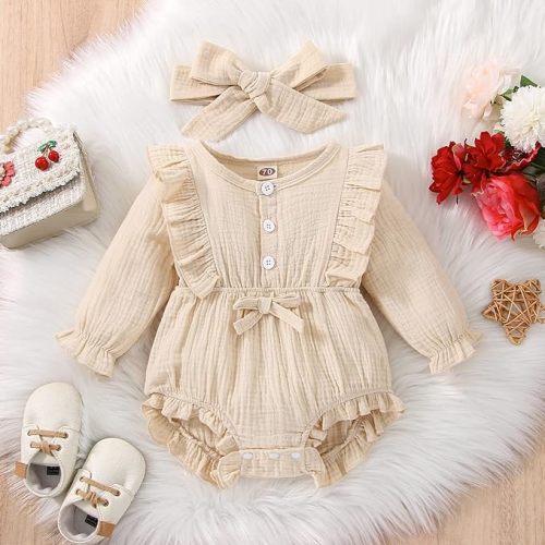 JOPGEEY Baby Girl Outfits Toddler Romper, One-Piece Fall Baby Girl Clothes with Headband Newborn Jumpsuit - White-20