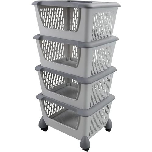 Obstnny 4 Pack Stacking Storage Bins, Multipurpose Large Plastic Baskets