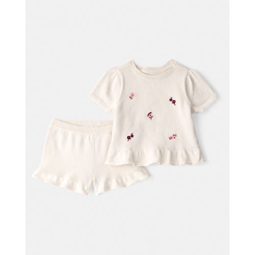 Baby Girl 2-Piece Floral Embroidered Short-Sleeve Top & Short Set - Cream | Carter's