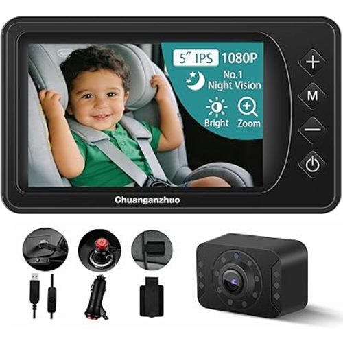 5'' Baby Car Camera with NO.1 Night Vision, USB Powered, Mirror/Normal Mode, 1080P IPS Crystal-Clear Car Baby Monitor With Brightness Setting & 3X Zoom, infant Backseat Camera, S100U, 5inch Black