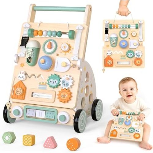 2 in 1 Wooden Baby Walker, Detachable Busy Board, Push Walker