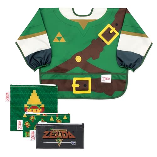 Bumkins Nintendo The Legend of Zelda Sleeved Bib and Snack Bag Set – Waterproof Feeding Bib for Ages 6–24 Months and Reusable Sandwich and Snack Bags for Kids 3+