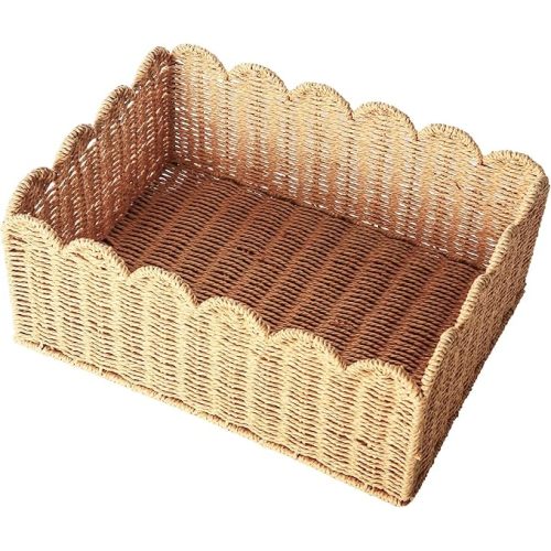 Scalloped Edge Basket, Wicker Storage Baskets, Hand Woven Baskets for Shelves,Natural Baskets for Organizing (M-14" L x 10.5" W x 6" H)