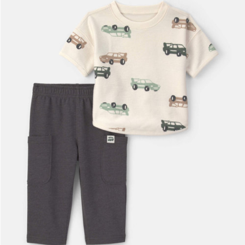 Baby Boy 2-Piece Car French Terry Short-Sleeve Top & Pant Set - Cream/Grey | Carter's