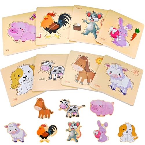Faburo 8pcs Wooden Puzzles for Toddlers 1 2 3 4, Toddler Puzzles Ages 1 2 3 4, Montessori Educational Jigsaw Toys Puzzles Christmas Birthday Gift for Kids Girl Boy 1-4 Year Old (Farm Animal)