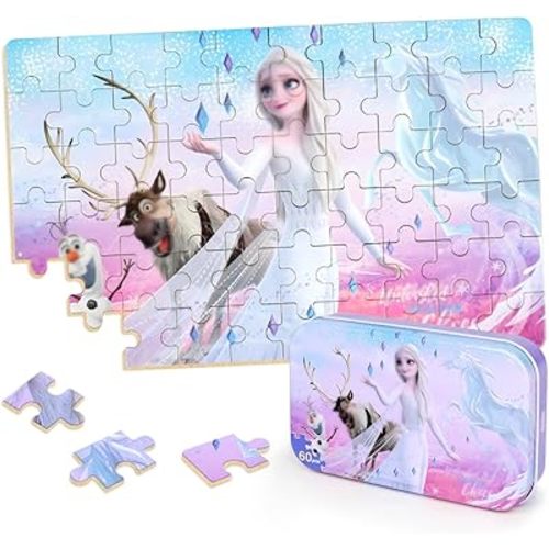Puzzles for Kids Ages 4-8,Kid Puzzls in a Metal Box,Winter Princess Snowman Deer Horse Small Puzles,Kids Boys Girls Learning Educational Puzzes Packed in Tin Box,60 Pieces