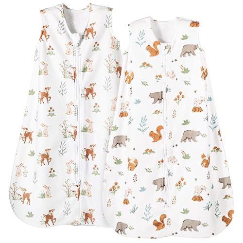 PHF Warm Micro-Fleece Baby Sleep Sack 6-12 Months, Soft Baby Wearable Blanket, 2-Way Zipper Sleeping Bags, 2 Pack Comfy Toddler Sleeping Sack for Boys, Medium Size, Woodland & Animal