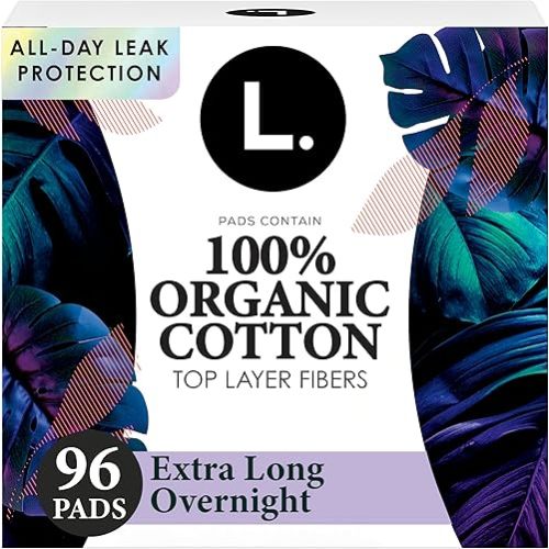 Overnight Absorbency, Cotton, Unscented Pads with Wings, 96 Count (4 Packs of 24)