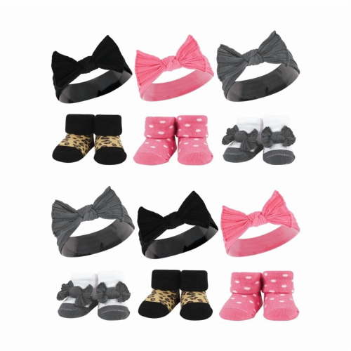 Hudson Baby Infant Girl 12Pc Headband and Socks Giftset, Black Wild Rose Leopard, One Size