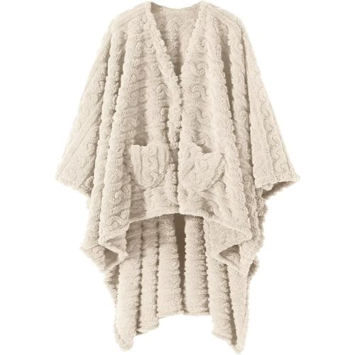 Wearable Blanket Sherpa Fleece Shawl Blanket with Pockets Blanket Poncho Cape for Adults, Cozy Shawl TV Throw Blankets