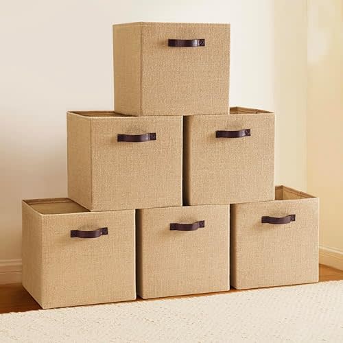 Ornavo Home 13 x 13 Storage Cube Bins, 6 Pack Jute Baskets, Fabric Storage Bins Shelf Basket Cube Organizer for Closet Foldable Collapsible with Leather Handles