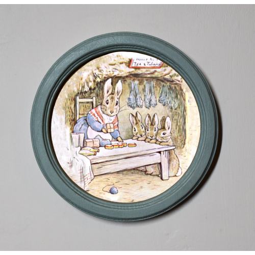 Beatrix Potter Round Wooden Framed Art Print Nursery Picture Wall Hanging Home Decor Plaque Mrs Rabbit's Shop Illustration Duck Egg