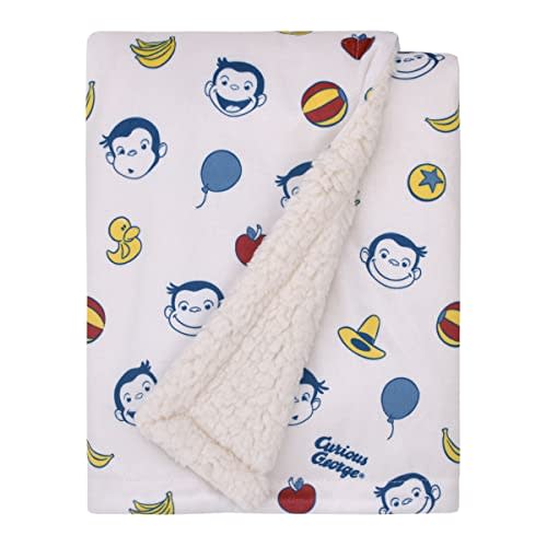 NoJo Welcome to The Universe Baby Curious George White, Blue, Red, and Yellow Balloons, Bananas and Hats Super Soft Sherpa Baby Blanket