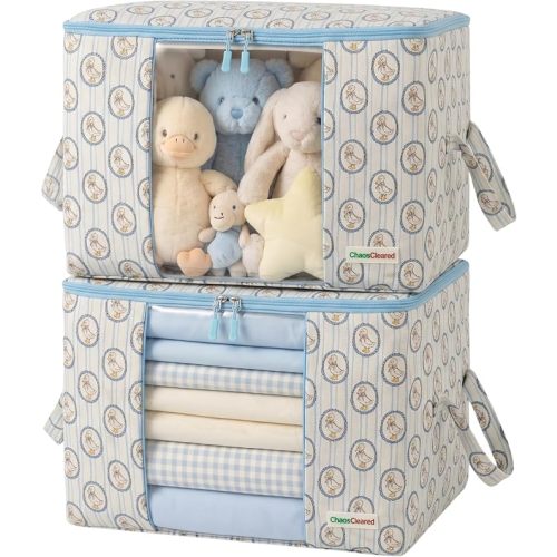 Kids Storage Bags – 100% Cotton Canvas Toy & Clothes Organizer with Cute Design – Storage Bin for Stuffed Animals, Baby Items & Clothes with Zipper & Handles (Blue Duck Print)