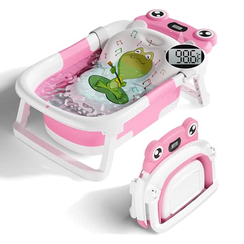 BUNWAG Baby Bathtub,Collapsible Newborn Bathtub for Infant to Toddler with Soft Cushion and Thermometer,Portable Travel Newborn Tub with No-Slip Feet,Baby Shower Gifts,0-12 Months Babybath,Bright Pink