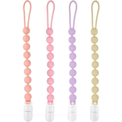 Silicone Pacifier Clip Holder, 4 Pack One Piece Soft Flexible Binky Clips Pacifier Holder Clip for Girls, Baby Girl Newborn Essentials