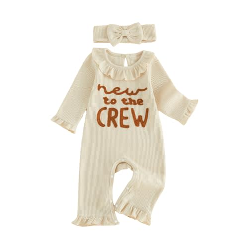 Infant Baby Girl Fall Outfit Romper Jumpsuits Newborn Waffle Clothes | Letter Embroidery Ruffle Trim Long Sleeve Crew Neck Bodysuits Cute Clothing